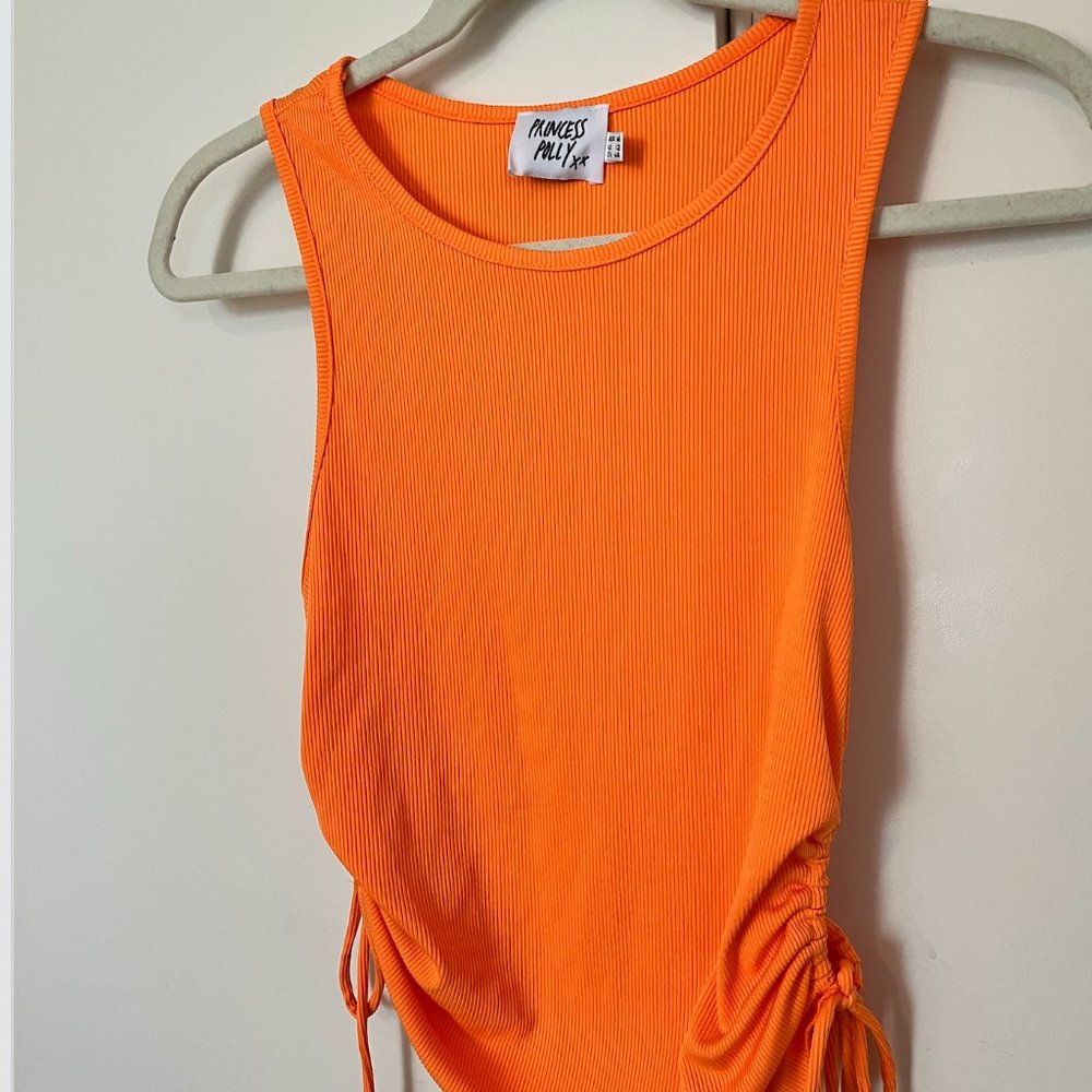 Women’s Orange Ribbed Drawstring Crop Tank Top - Picture 5 of 10